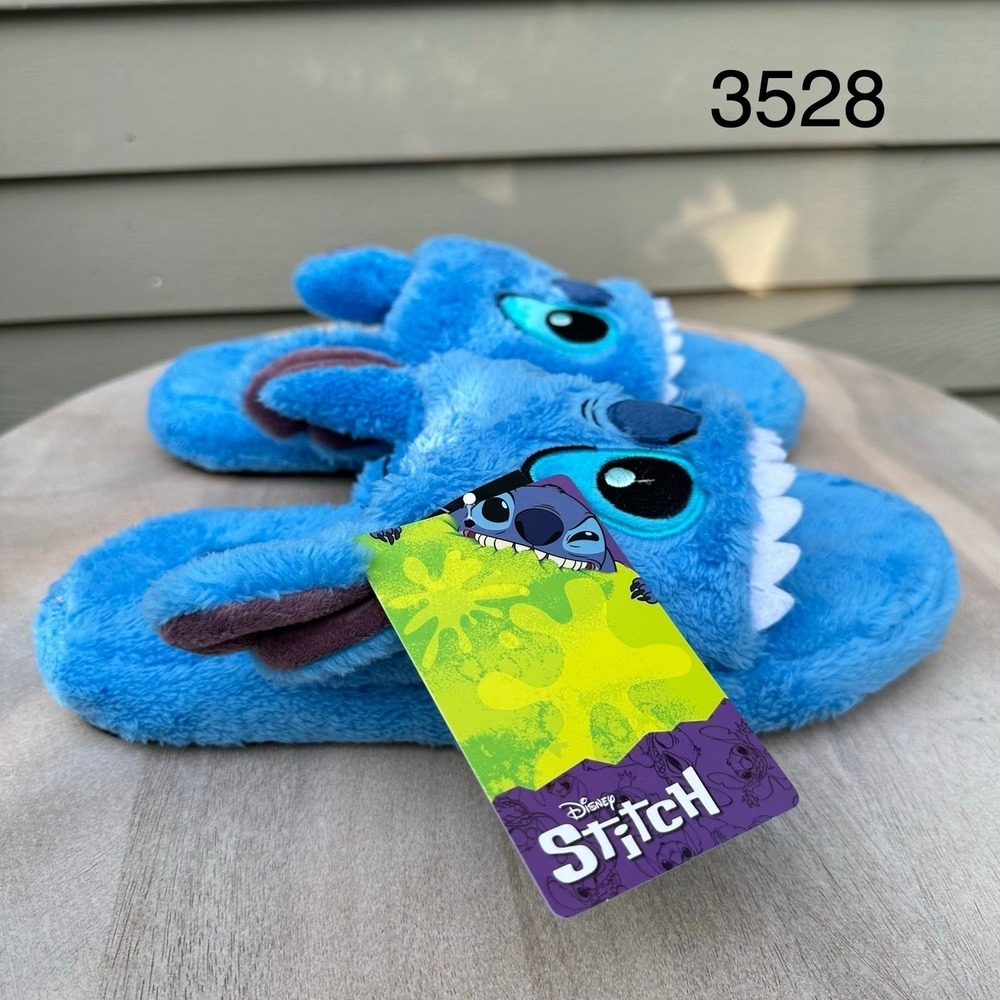 Disney Lilo & Stitch Blue Plush Character Slide Slippers Womens Medium 7-8 NEW
